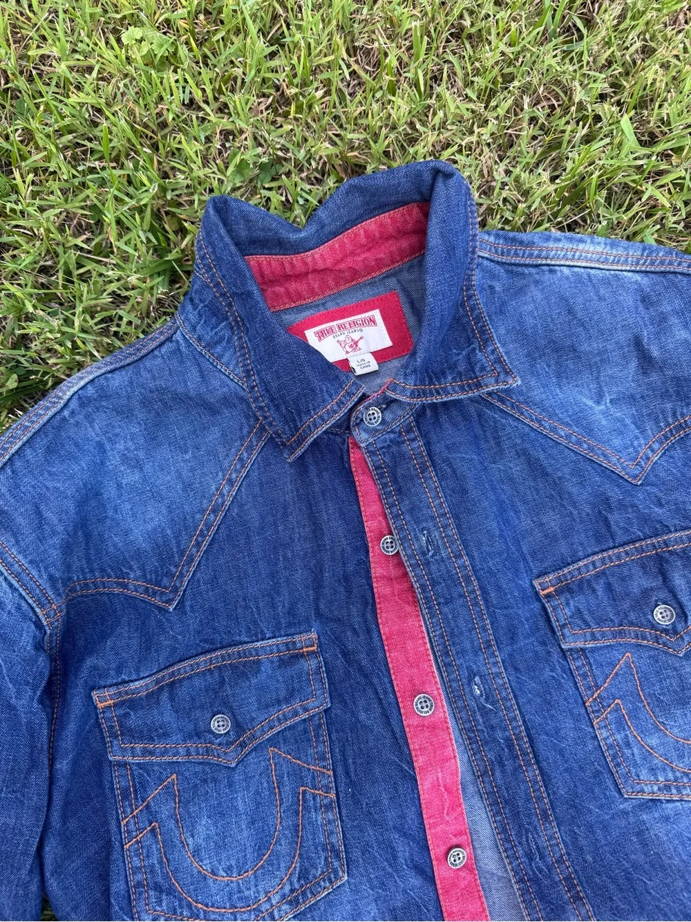 True Religion Men's Dark Blue Denim Western Button-Down Shirt with Red Trim